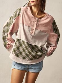 Bohemela Sudadera de cuello redondo holgada con bloques de color en contraste para mujeres en vacaciones