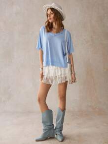Wildy American Western Country Music Festival Short Sleeve Sky Blue T-Shirt, Casual Cowboy Blue Top Casual Tops