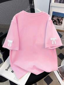 SHEIN Áo thun cổ tròn dài vừa phải cỡ lớn thả vai đính nơ hạt thủ công cho nữ - trắng - Xem 2