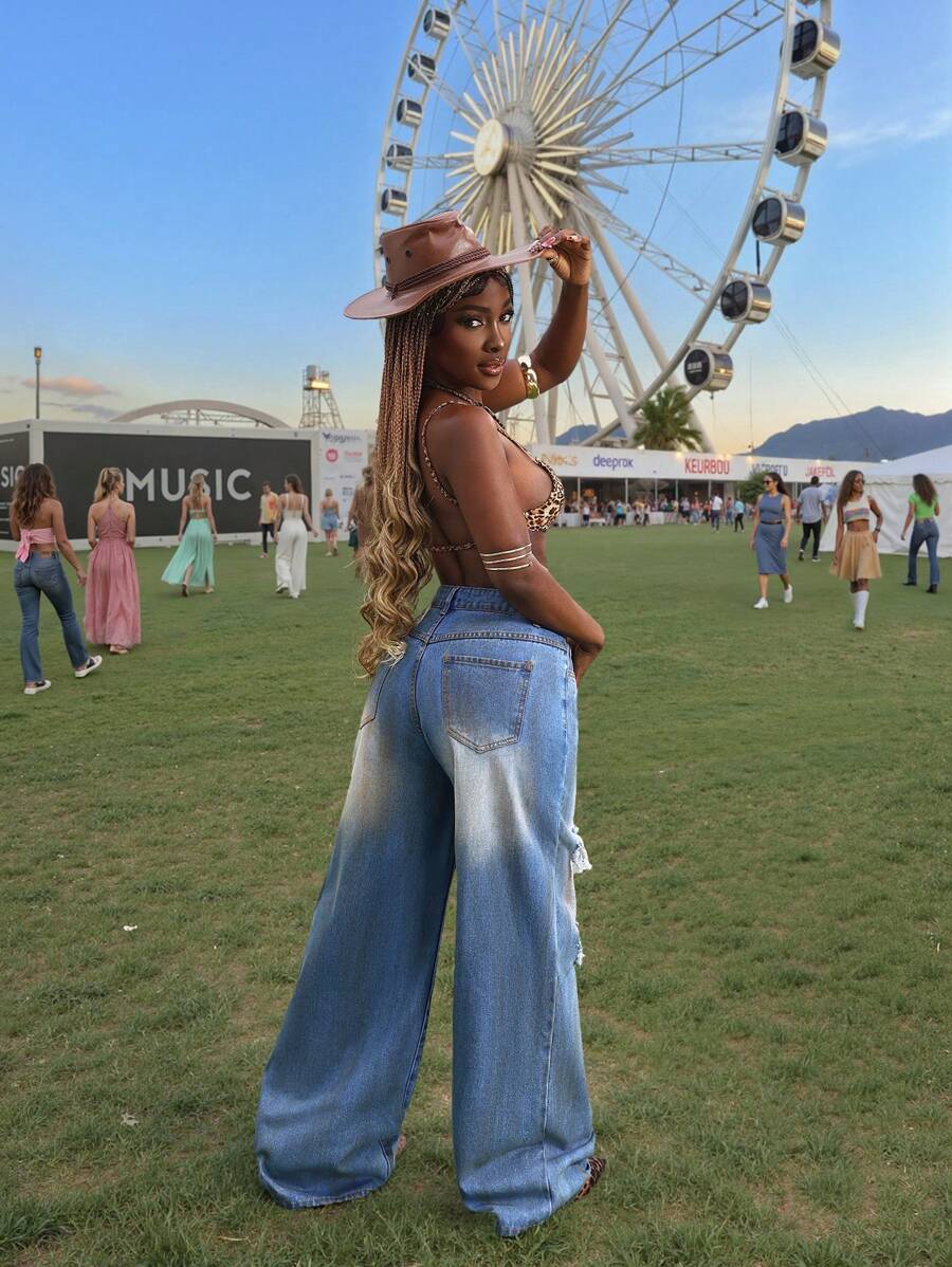 Slaydiva Women's Pockets Distressed Wide Leg Loose Casual Versatile Jeans - Blue - View 1