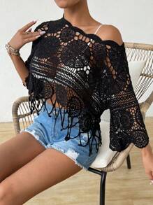 Swim Vcay Solid Color Sheer Fringe Hem Casual Pullover Hoodie Top