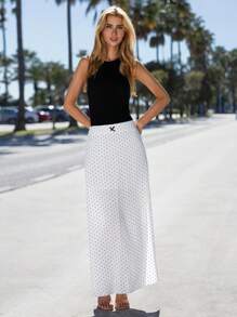 EURMUSE LACE BOW WAIST SLIT HEM POLKA DOT FIT SKIRT - Black and White - View 4