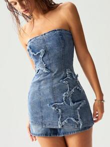 Bohemela 女式牛仔编织短款抹胸 - 藍色 - 查看 6