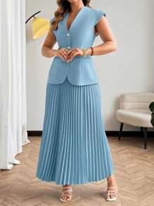 Flirla Plus Size Women's Popular Pleated 2 Pieces Set, Work/Casual Wear - Blue - View 4