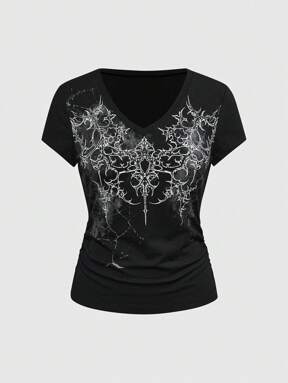 Grunge Punk Street Style Retro Elastic Black Graphic V-Neck Short Sleeve Grunge Wing & Rhinestone Print Slim Fit Women T-Shirts