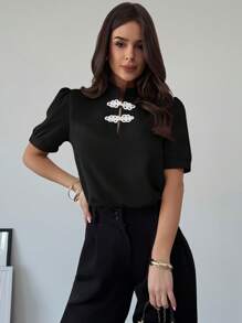 Firerie New Romantic Puff Sleeve Color Blocking Button Front Blouse, Elegant For Ladies On Valentine's Day, Spring/Summer