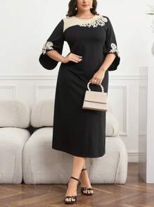 Modelyn Vestido elegante de talla grande con contraste de color y parche de encaje - Multicolor - Ver 6
