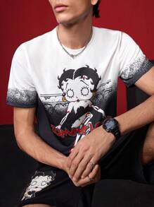 Betty Boop x SHEIN Conjunto de camiseta de manga corta y pantalones cortos de verano casuales para hombre con figura de dibujos animados y gráfico de letras