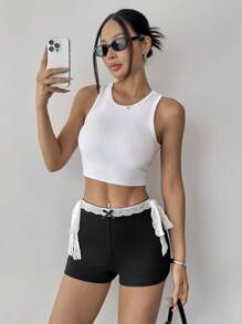 SHEIN Essnce Lace Shorts Bowknot Low Rise Shorts Summer Shorts Women's Contrast Lace Side Tie Stylish Shorts - Black - View 5