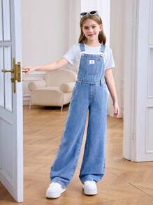 SHEIN Macacão Denim Básico e Confortável com Detalhes em Patch para Meninas Pré-Adolescentes, Roupa Casual Estilo Y2K para Uso Diário, Férias e Roupas de Verão e Primavera para Meninas Pré-Adolescentes