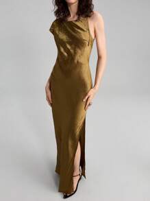 Ontre Vestido sin mangas elegante y exquisito de acetato, tela de satén, cuello drapeado, cintura anudada, abertura lateral, apropiado para el verano, festivales, temporada de graduación, color dorado-marrón, moda primavera/verano 2025 Nuevo lanzamiento