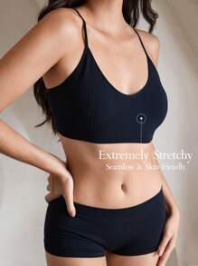 Ocili Leisure Women's Simple Solid Color Seamless Striped Textured Bra And Panty Set - Black - View 1