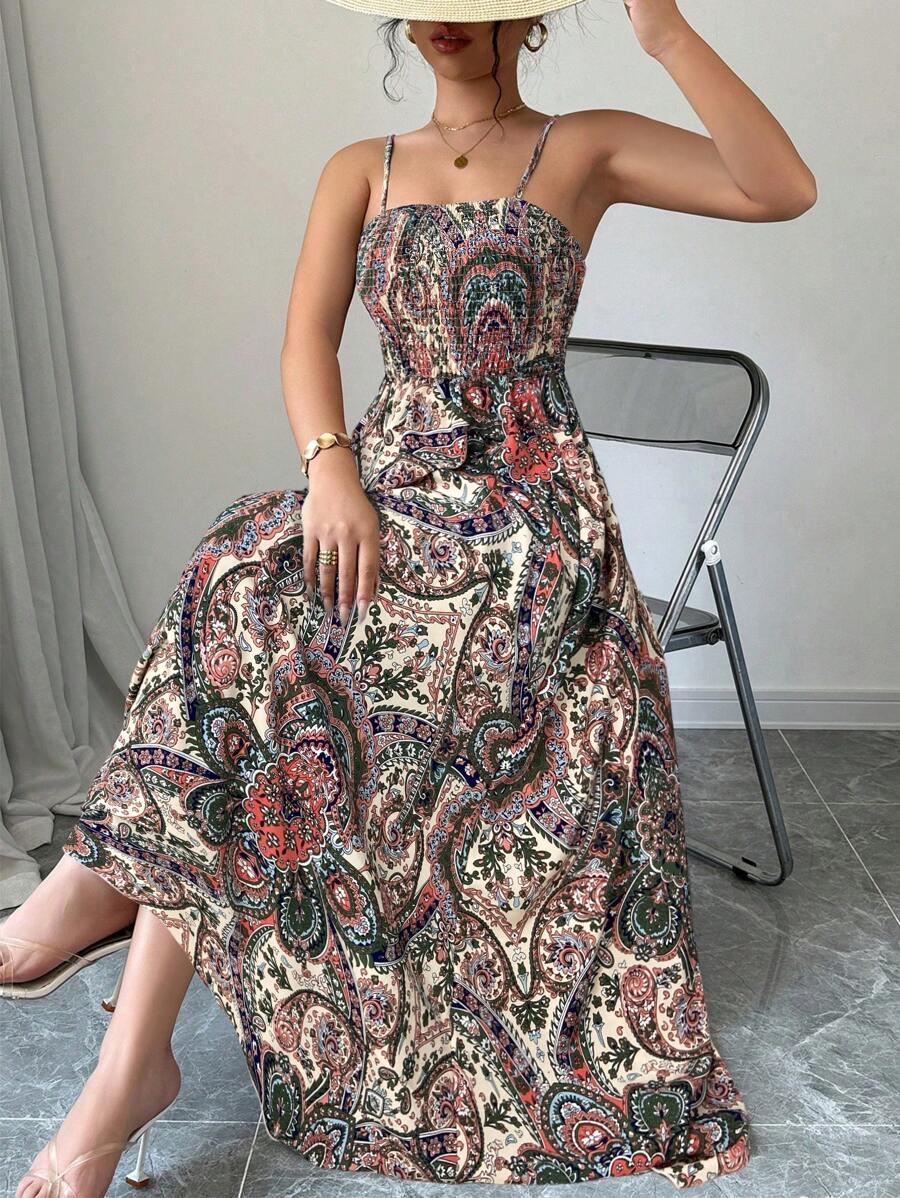Breezaya 佩斯利印花细肩带连衣裙，度假休闲长款度假海滩装女士 - 杏色 - 查看 1