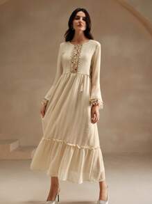 Anewsta Elegant Embroidery & Beaded Decor A-Line Dress For Women Maxi Women Outfit - Apricot - View 3