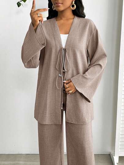 SHEIN Lady 2 件套女士休闲前系带长袖上衣和裤子套装，纯色女士两件套