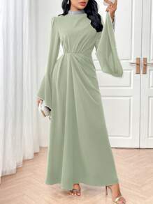 Veilorie Women's Solid Color Long Sleeve Arabic Style Dress, Casual & Fashionable For Daily Wear Long Evening Dresses