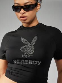 MISSGUIDED PLUS x Playboy Áo thun crop top đính đá cỡ lớn cho tiệc lễ hội câu lạc bộ áo thun ngắn tay họa tiết logo pha lê thời trang - màu đen - Xem 5