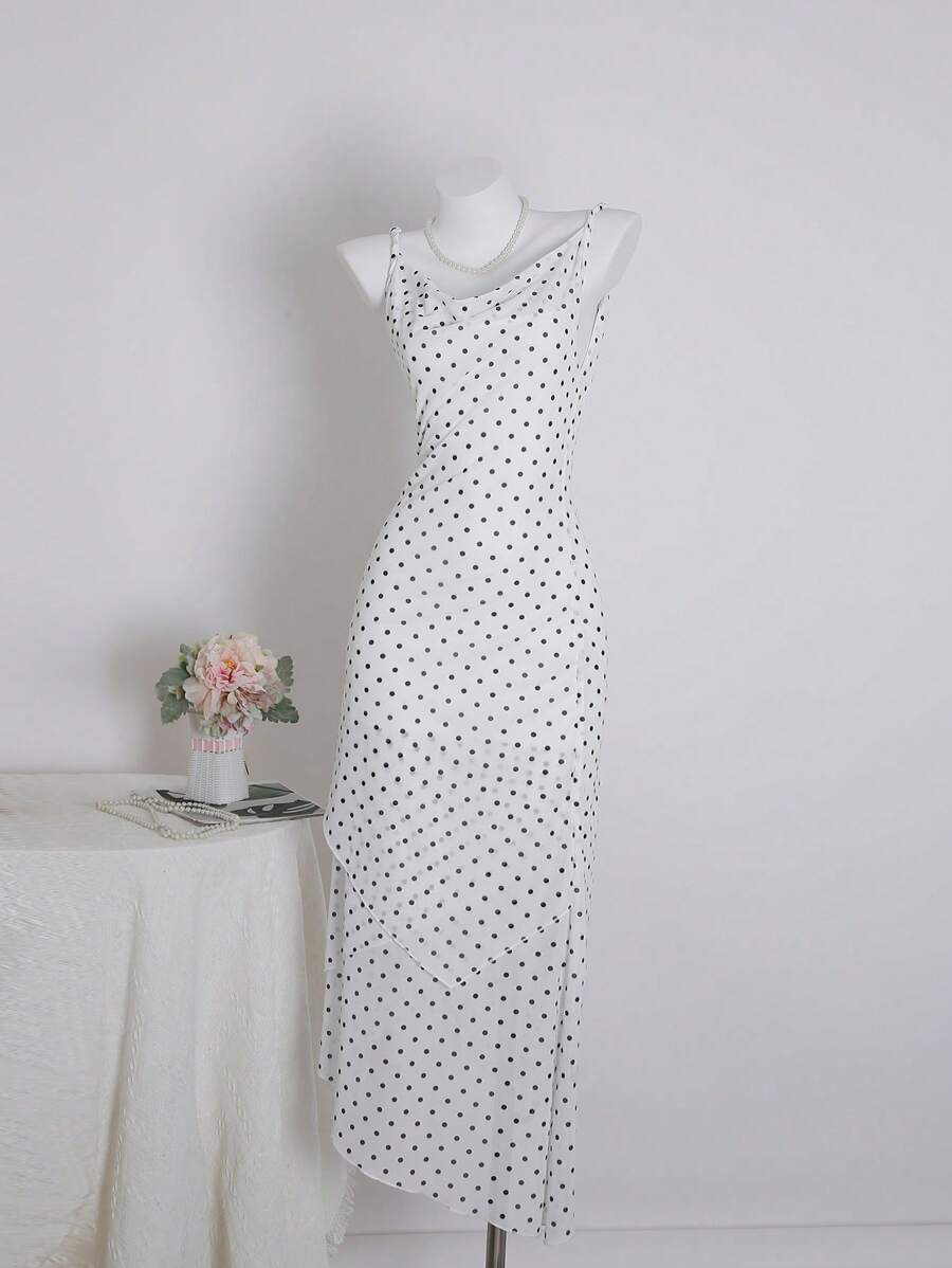 SHEIN Unity Women's Summer Polka Dot Mesh Dress With V-Neck, Vacation Style - White - View 1