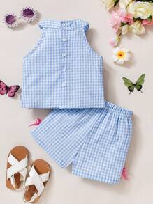 SHEIN Playful Pals Bộ 2 món áo và quần short thêu hoa và kẻ caro đáng yêu cho bé gái, thích hợp cho kỳ nghỉ hè, đi biển và hoạt động ngoài trời. - Màu xanh lam - Xem 2