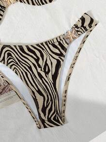 Springbreak Women's Black & White Zebra Stripe, Starfish & Metal Decor Halter Sexy Bikini Set, Spring/Summer