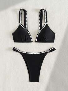 Swim Vcay 2pcs/Set Women Swimsuit Bikini Set, Black With White Stripe & Daisy Design, Pearl Detail Top, Contrasting Color Bottoms, Suitable For Beach, Resort, Swimming Pool, For All For Summer Beach Vacation - Black - View 7