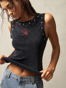 Bohemela 大码女式五角星刺绣圆领罗纹休闲背心