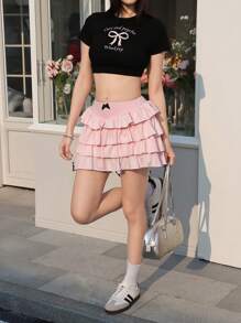 SHEIN EZwear 女士休闲紧身弹力蛋糕裙，粉色 - 粉色 - 查看 4