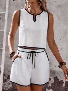EMERY ROSE 2pcs/Set Women Vacation Casual Contrast Trim Tank Top And Shorts Set - White - View 4
