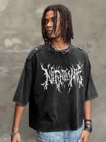 ROMWE MEN Grunge Punk Men's Rivet Washed Letter Print Loose Short T-Shirt