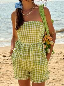 Jouncy Conjunto informal de vacaciones de verano con top corto de halter con volantes con estampado a cuadros texturizado y shorts sueltos