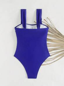 Swim Lushoire 女士纯色褶皱吊带简约泳衣，节日波西米亚风格 - 藍色 - 查看 4