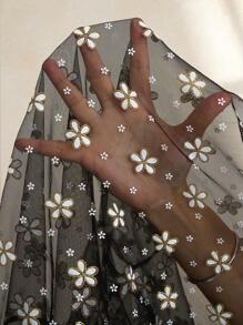 Chikora Áo cánh tay dài họa tiết hoa lưới hở vai cỡ lớn cho nữ - Đen và trắng - Xem 6