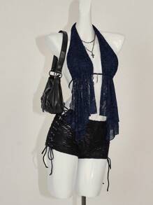 SHEIN ICON 女士 Y2k 性感 90 年代服装节 Coquette 勃艮第红色嬉皮蕾丝露背挂脖休闲上衣，日常穿着