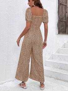 SHEIN Clasi Bộ đồ liền thân ống rộng tay bồng họa tiết hoa nhỏ xinh dành cho nữ, trang phục thường ngày - màu nâu - Xem 2
