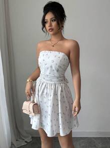 Elenzga Women's Ditsy Floral Ruffle Bandeau Short Holiday Dress