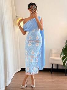 Chiquease 优雅时尚迷人不对称肩部收腰刺绣网眼透明飘逸中长连衣裙，春夏，蓝色 - 藍色 - 查看 4