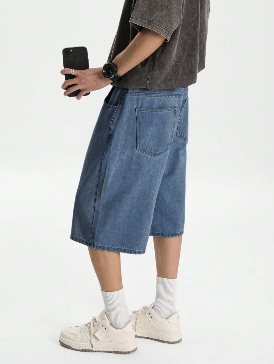 Chillumni 男士浅蓝色水洗宽松休闲牛仔短裤 - 深色水洗藍 - 查看 1