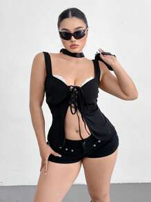 Flirla Camisole à col volant avec attache style gothique sombre grande taille