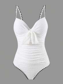 Swim Lushoire Đồ bơi một mảnh mới cho nữ, vải họa tiết màu trắng với thiết kế viền đen, nâng đỡ, có dây, thiết kế nhún eo, thích hợp cho bãi biển, khu nghỉ dưỡng, hồ bơi, phù hợp với mọi người - trắng - Xem 7