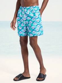 Surfspeed Men's Ocean Life Print Drawstring Waist Beach Shorts - Blue - View 4