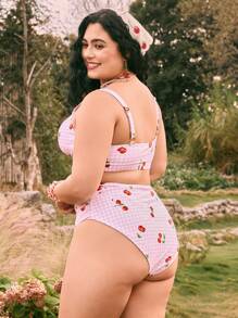 Swim Mod 1 Set Plus Size Women's 2pcs Cherry Print Sweet & Luxurious Beachwear Swimsuit For Summer Beach Vacation - Multicolor - View 2