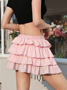 SHEIN EZwear 女士休闲紧身弹力蛋糕裙，粉色 - 粉色 - 查看 2