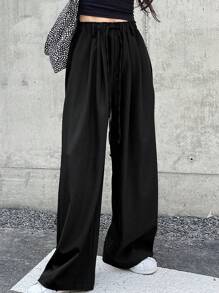 DAZY Women's Casual Solid Color Drawstring Waist Long Pants - Black - View 5
