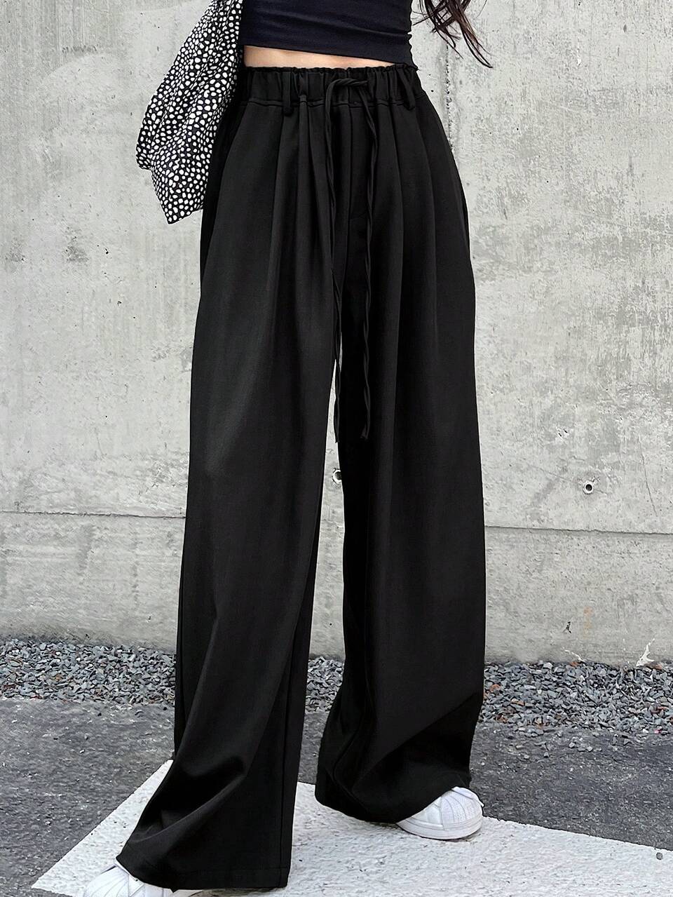 Women's Elastic Waist Drawstring Tie Casual Loose Pants, Tall Women Everyday Black Autumn