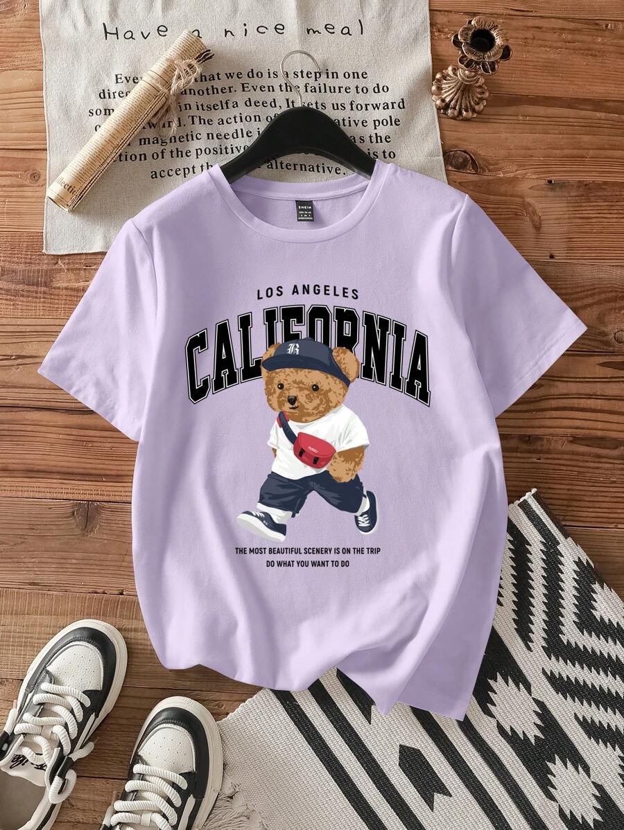 SHEIN EZwear 休闲修身泰迪熊图案圆领短袖女式 T 恤，适合夏季 - 紫色 - 查看 1