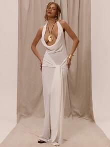 MUSERA Elegant Boho Romantic Halterneck Extreme Plunge Front Cowl Neck Wrap Drape Front Loose Fit Maxi Dress For Spring Summer Vacation Holiday Beachwear Ibiza,Summer Dresses For Women Beach Night Out Wedding Guest, Elegant, Date Night, , Halloween, Fall, Winter Party  Chic - Cream - View 5