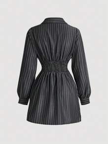 SHEIN MOD Vestido feminino de manga longa com estampa listrada preta e branca, de amarrar e com babados, Vestido de Ano Novo, Camisa, Roupas de Negócios Femininas, Roupas de Praia Femininas