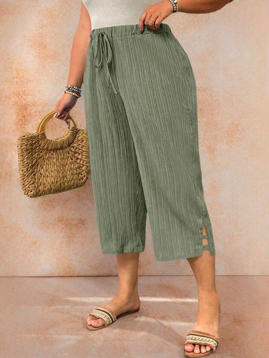 Linhara 大码女式纯色腰带休闲七分裤