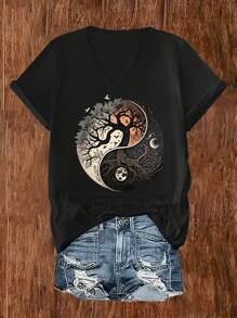EMERY ROSE Tree Of Life Printed Casual Short Sleeved T-Shirt, Spring And Summer Short Sleeved Casual Top, Women's Clothing Graphic Tees Women Tops - Black - View 3