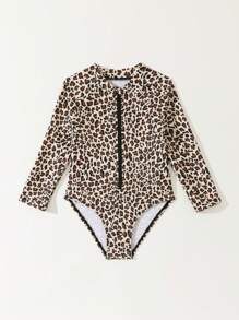 Traje de baño de una pieza con cremallera frontal de manga larga con estampado de leopardo, informal, para niña - Negro - Ver 3